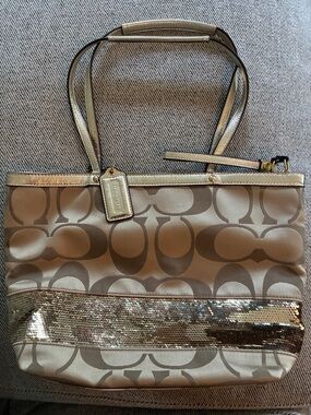 Coach Khaki and Metallic Gold Signature Sequin Tote
